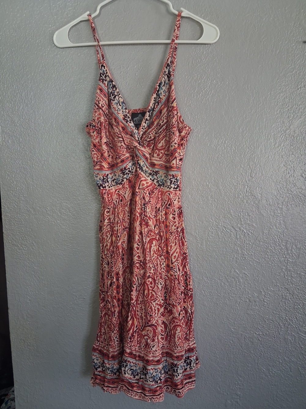 Angie Boho Twist-Front Paisley Sundress - Coral/Blue L